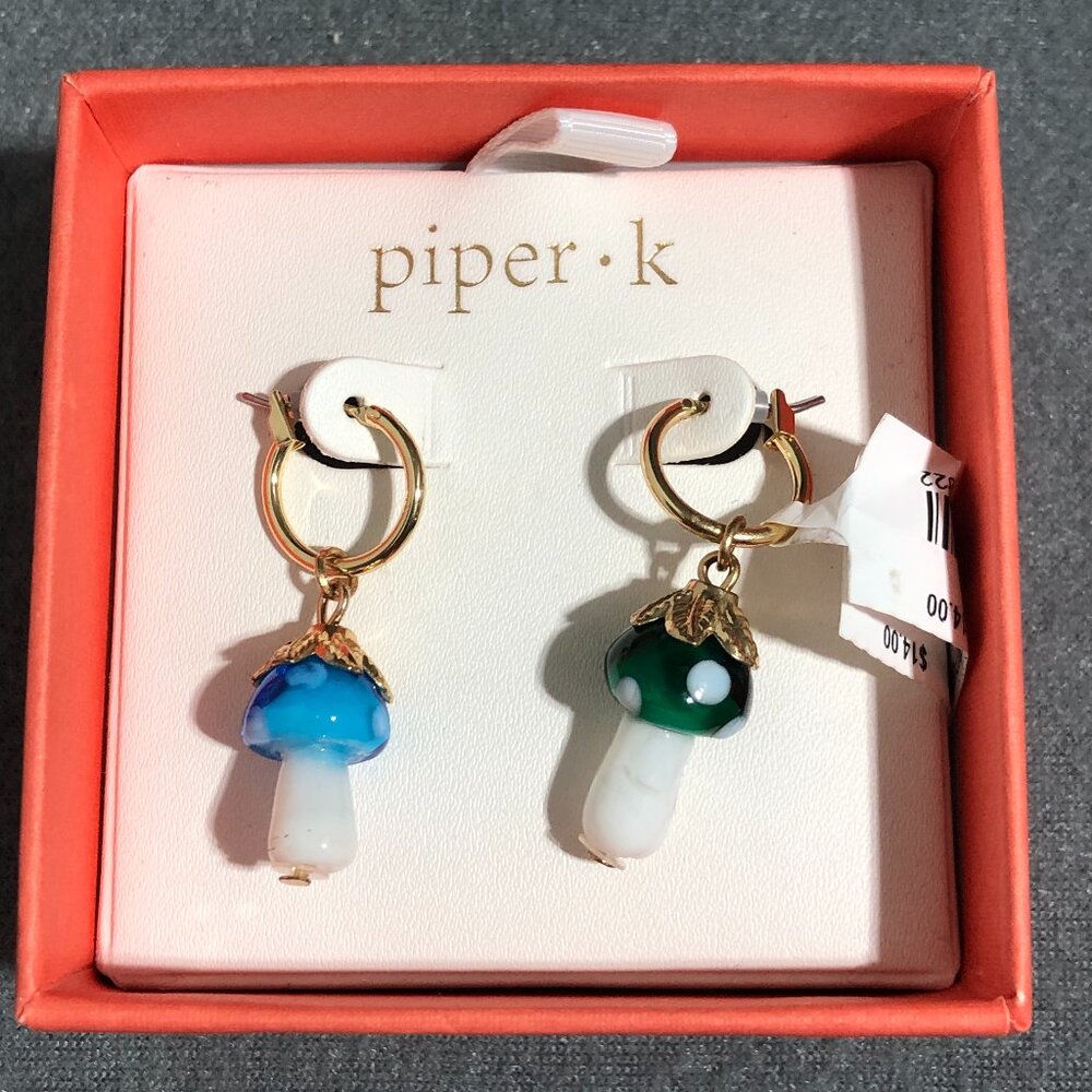 Piper K Women's Jewelry Ceramic Blue Green Gold Mushrooms Dangle Earrings